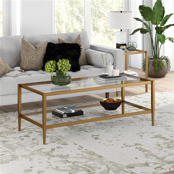 Hailey Home Hera Antique Brass Glass Coffee Table w/ Glass Shelf