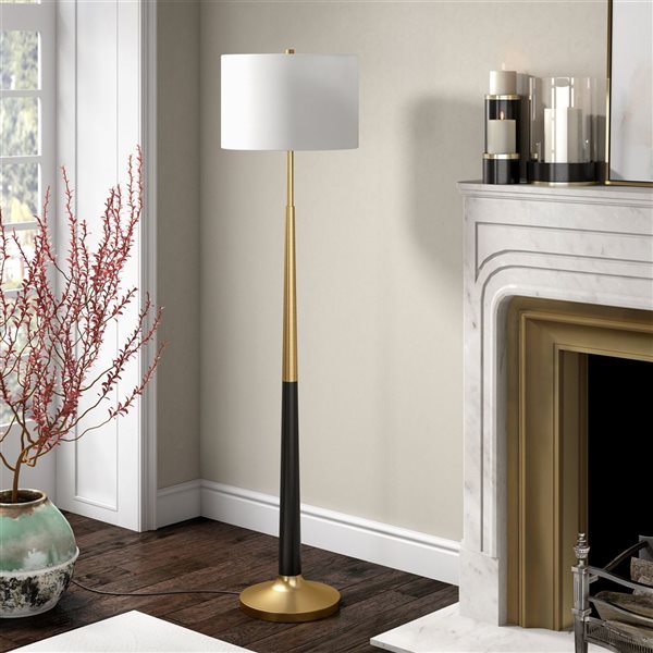 Hailey Home Lyon 62-in H Brass and Black Floor Lamp w/ White Fabric Shade