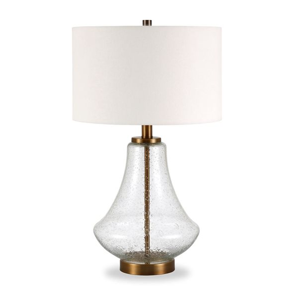 Lampe de table Lagos de Hailey Home 23 po h. laiton brossé et verre bullé avec abat-jour en lin blanc