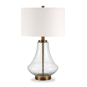 Lampe de table Lagos de Hailey Home 23 po h. laiton brossé et verre bullé avec abat-jour en lin blanc