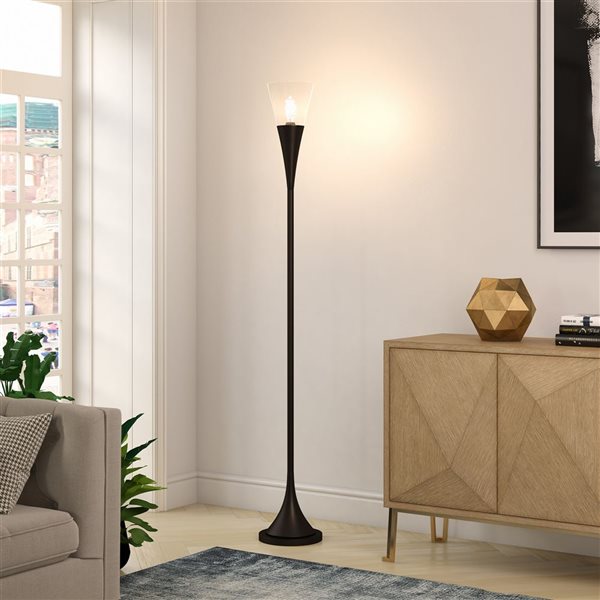 Hailey Home Moura 71-in H Black Torchiere Floor Lamp w/ Seeded Glass Shade