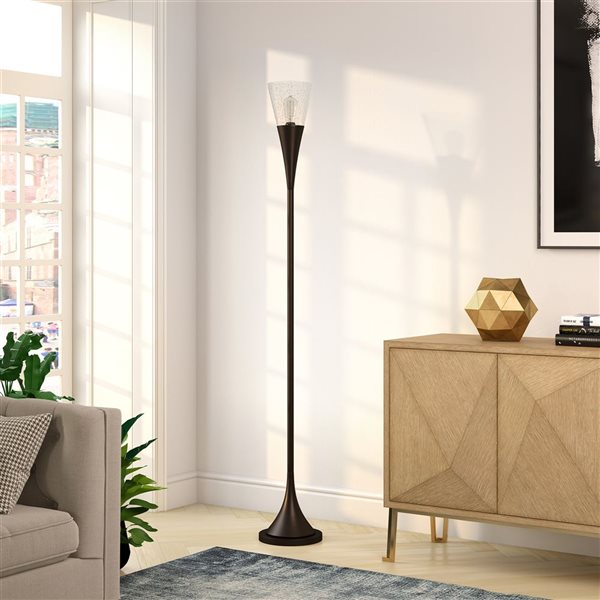 Hailey Home Moura 71-in H Black Torchiere Floor Lamp w/ Seeded Glass Shade