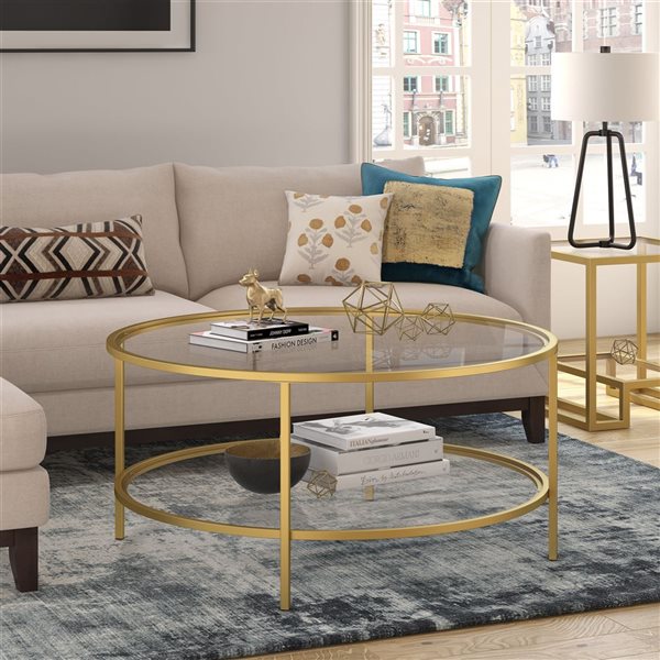 Table basse ronde Sivil de Hailey Home laiton avec surface en verre