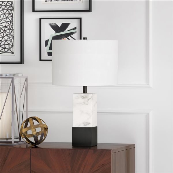 Hailey Home Lena 21.5-in H Black Marble/Brass Base Table Lamp with White Fabric Shade