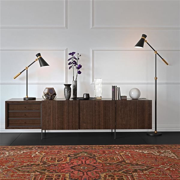 Hailey Home Rex 66-in H Black and Brass Height-Adjustable Floor Lamp w/ Metal Shade