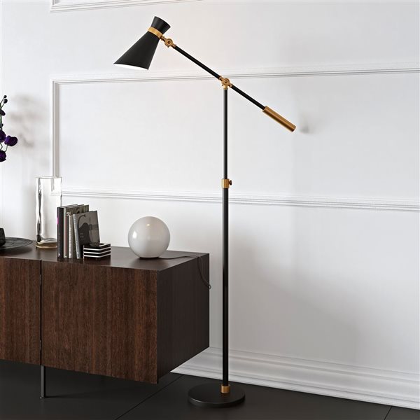 Hailey Home Rex 66-in H Black and Brass Height-Adjustable Floor Lamp w/ Metal Shade