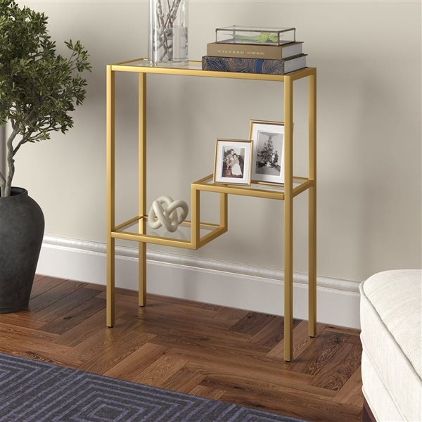 Hailey Home Lovett 22-in W Brass Metal Modern Console Table w/ Glass Shelves