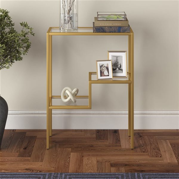 Hailey Home Lovett 22-in W Brass Metal Modern Console Table w/ Glass Shelves