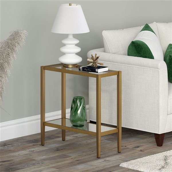 Hailey Home Hera Brass Glass Rectangular End Table w/ Glass Shelf