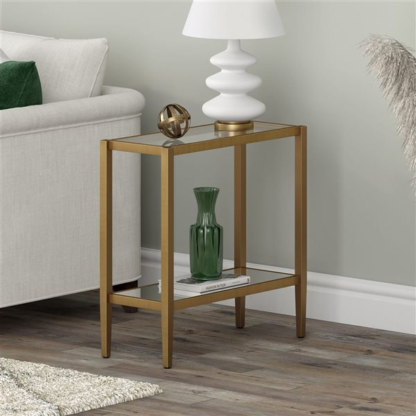 Hailey Home Hera Brass Glass Rectangular End Table w/ Glass Shelf