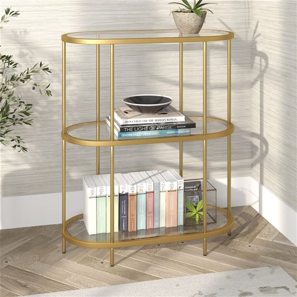 Bibliothèque en verre Leif de Hailey Home oval en laiton avec 3 tablettes