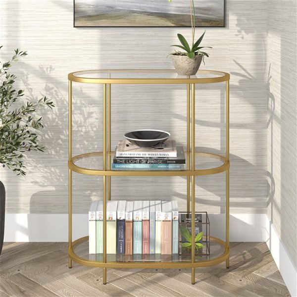 Bibliothèque en verre Leif de Hailey Home oval en laiton avec 3 tablettes