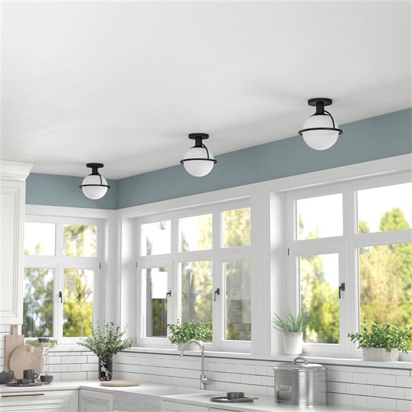 Hailey Home Cieonna 9.25-in W Black Semi Flush Mount Light w/ Frosted Glass Shade