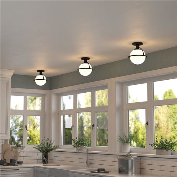 Hailey Home Cieonna 9.25-in W Black Semi Flush Mount Light w/ Frosted Glass Shade