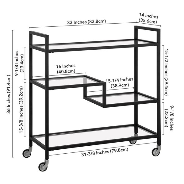 Hailey Home Lovett 33 W X 14 D x 36-in H 3-Tier Blackened Bronze Metal Bar Cart w/ Glass Shelves and Wheels