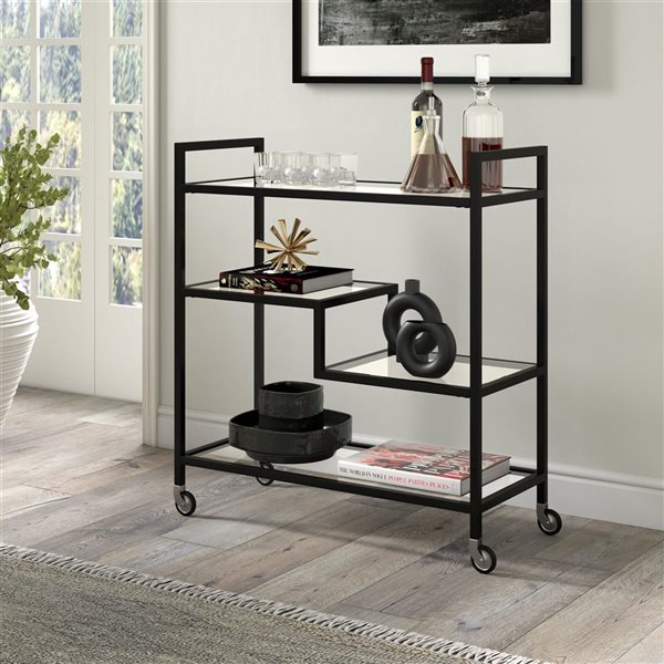 Hailey Home Lovett 33 W X 14 D x 36-in H 3-Tier Blackened Bronze Metal Bar Cart w/ Glass Shelves and Wheels