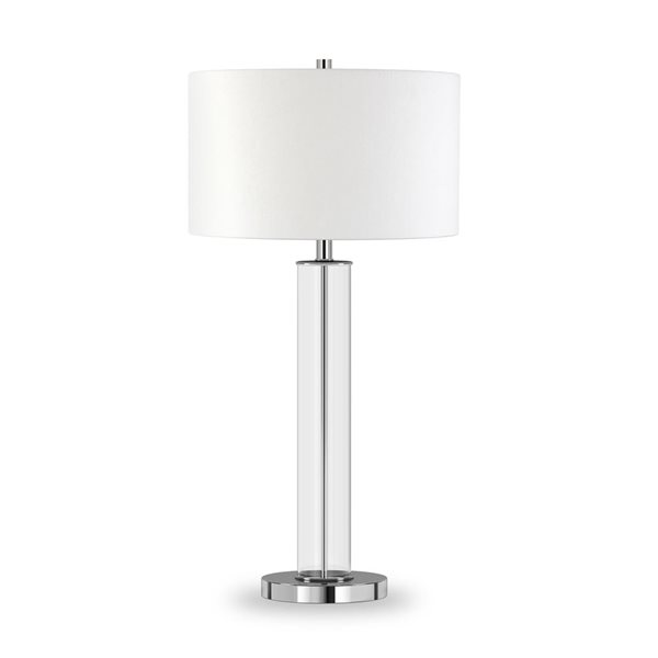 Lampe de table Harlow de Hailey Home en verre clair et métal nickel poli avec abat-jour en lin