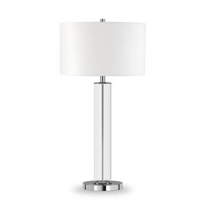 Lampe de table Harlow de Hailey Home en verre clair et métal nickel poli avec abat-jour en lin