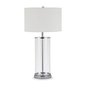 Lampe de table Rowan de Hailey Home 28 po h. métal nickel poli et verre clair avec abat-jour en tissu blanc