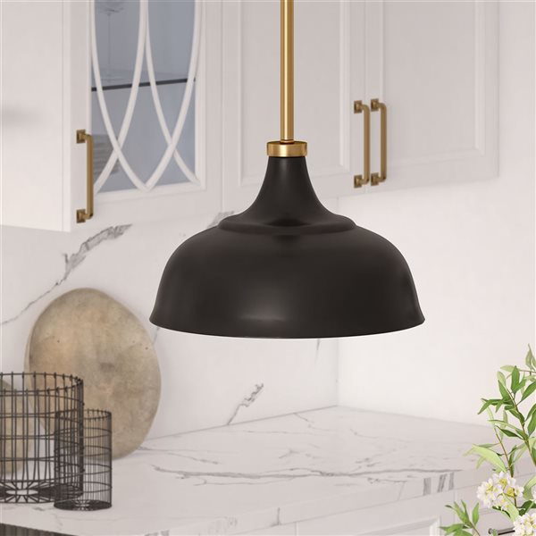 Hailey Home Mackenzie 10.75-in W Black and Brass Pendant Ceiling Light w/ Metal Shade