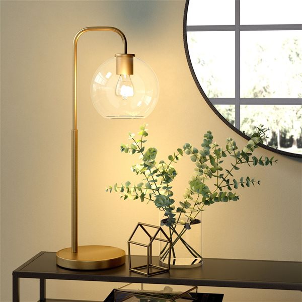 Hailey Home Harrison 27-in H Brass Arc-Shaped Table Lamp with Glass Shade