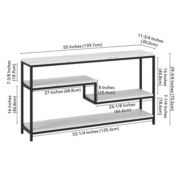 Hailey Home Mathis 55-in W Blackened Bronze Metal Mid-Century Console Table w/ White Faux Marble Shelves