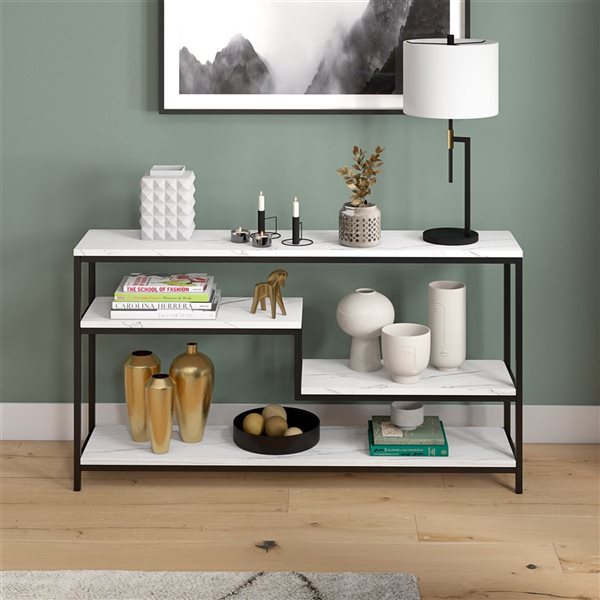 Hailey Home Mathis 55-in W Blackened Bronze Metal Mid-Century Console Table w/ White Faux Marble Shelves