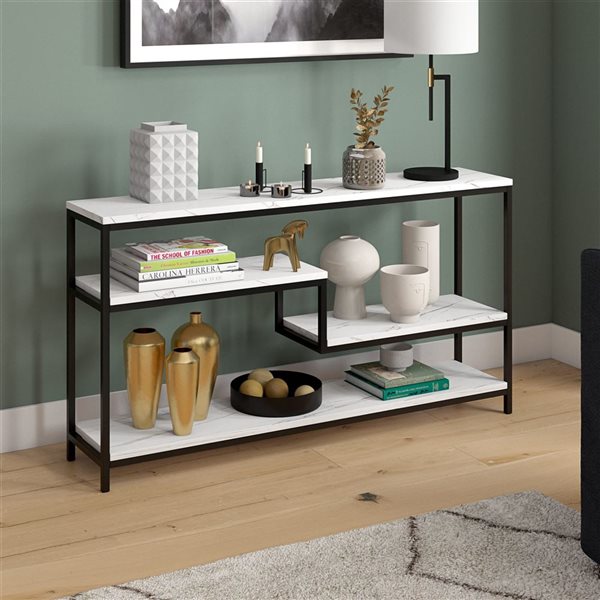 Hailey Home Mathis 55-in W Blackened Bronze Metal Mid-Century Console Table w/ White Faux Marble Shelves