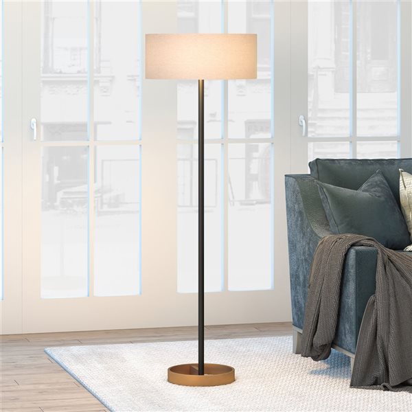 Hailey Home Estella 62-in H Black and Brass Floor Lamp w/ White Fabric Shade