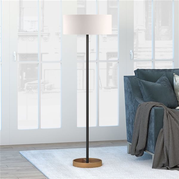 Hailey Home Estella 62-in H Black and Brass Floor Lamp w/ White Fabric Shade