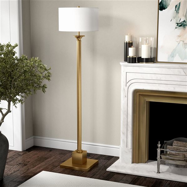 Hailey Home Hadley 65-in H Brass Floor Lamp w/ White Fabric Shade