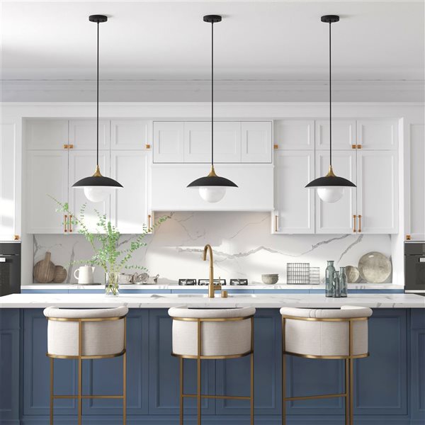 Hailey Home Alvia 14.5-in W Black and Brass Pendant Ceiling Light w/ Frosted Glass Shade