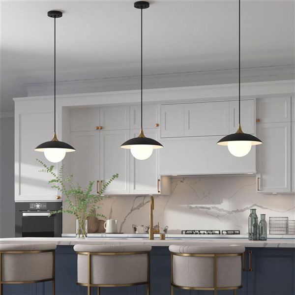 Hailey Home Alvia 14.5-in W Black and Brass Pendant Ceiling Light w/ Frosted Glass Shade