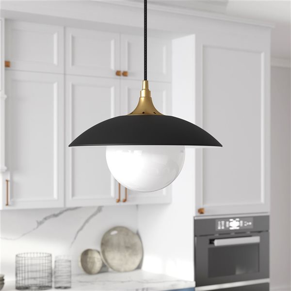 Hailey Home Alvia 14.5-in W Black and Brass Pendant Ceiling Light w/ Frosted Glass Shade