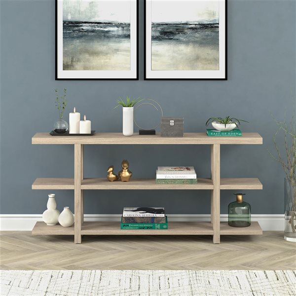 Hailey Home Acosta 64-in W Antiqued Grey Oak MDF Farmhouse 3-Shelf Console Table