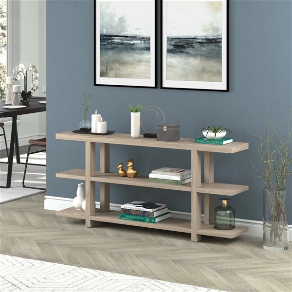 Hailey Home Acosta 64-in W Antiqued Grey Oak MDF Farmhouse 3-Shelf Console Table