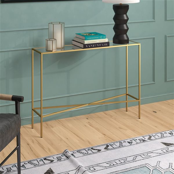 Hailey Home Henley 42 W x 30-in H Brass Metal Industrial Console Table w/ Glass Top