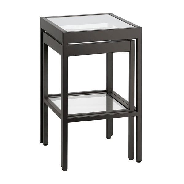 Hailey Home Alexis 2-Piece Black Glass Square Nested End Tables