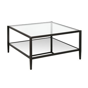 Table basse carrée Hera de Hailey Home noir avec surface en verre et tablette miroir