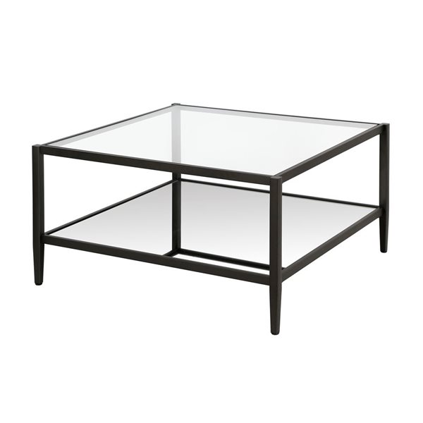 Table basse carrée Hera de Hailey Home noir avec surface en verre et tablette miroir