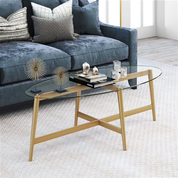 Table basse ovale Olson de Hailey Home laiton avec surface en verre