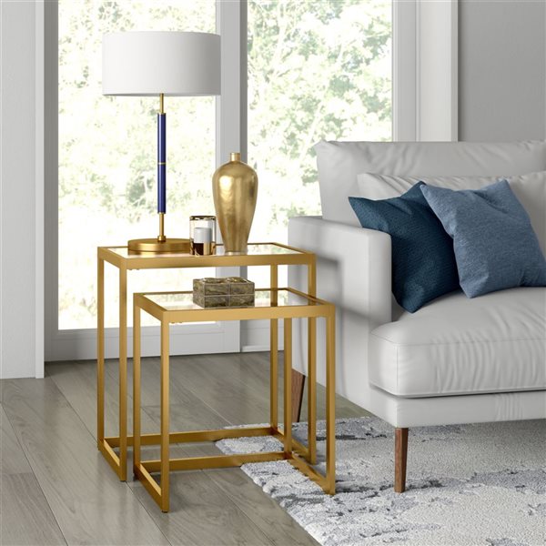 Hailey Home Rocco 2-Piece Brass Rectangular Glass Nested End Tables