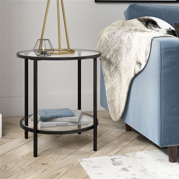 Hailey Home Sivil Black Glass Round End Table w/ Glass Shelf