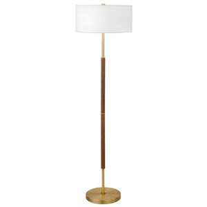 Hailey Home Simone 61-in H Oak and Brass 2-Light Floor Lamp w/ White Fabric Shade