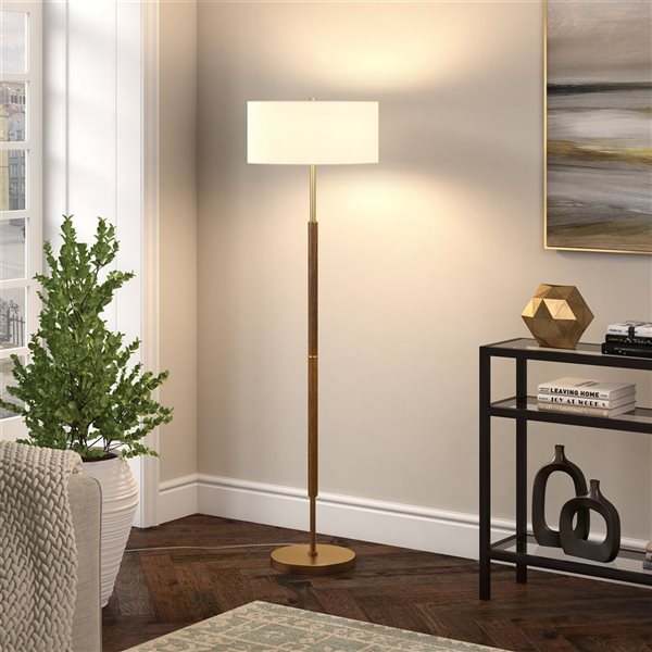 Hailey Home Simone 61-in H Oak and Brass 2-Light Floor Lamp w/ White Fabric Shade