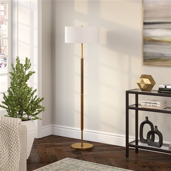 Hailey Home Simone 61-in H Oak and Brass 2-Light Floor Lamp w/ White Fabric Shade