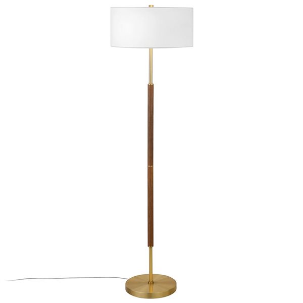 Hailey Home Simone 61-in H Oak and Brass 2-Light Floor Lamp w/ White Fabric Shade