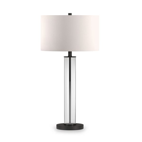 Lampe de table Harlow de Hailey Home en verre clair et métal bronze noirci avec abat-jour en lin