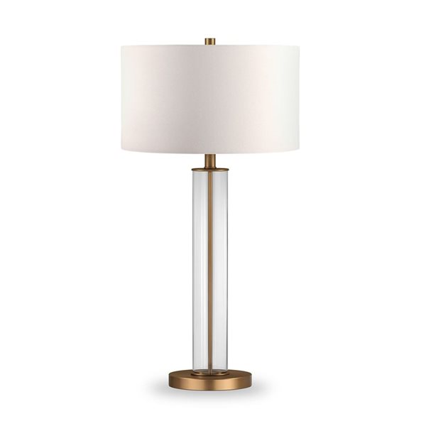 Lampe de table Harlow de Hailey Home en verre clair et métal fini laiton avec abat-jour en lin