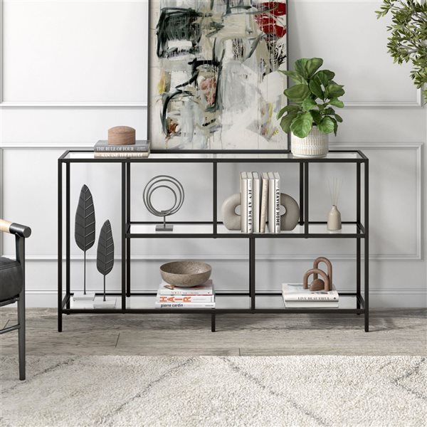 Hailey Home Winthrop 52-in W 3-Tier Blackened Bronze Metal Modern Console Table w/ Glass Shelves